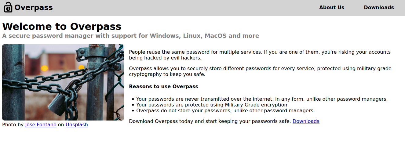 The Overpass landing page, advertising a password manager with military grade encryption.