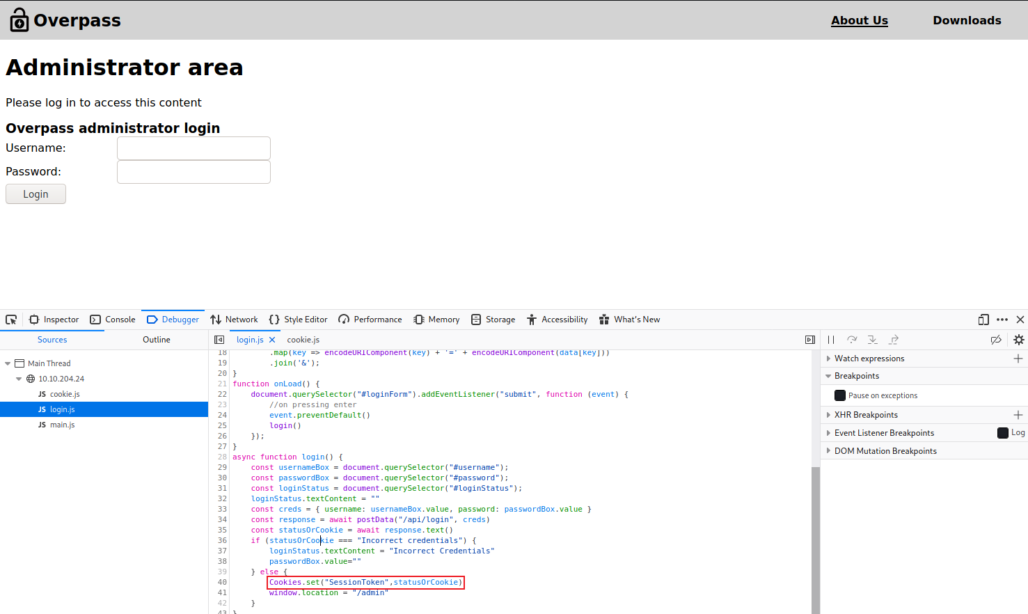 The login.js source in the debugger, with the Cookies.set call that stores the session token highlighted.