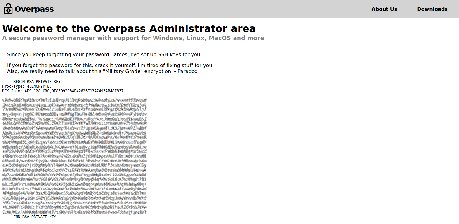 The admin area showing a note to James and an encrypted RSA private key.